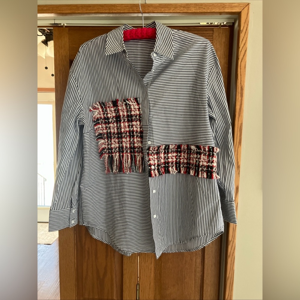 Mod x Women Striped Tweed Patchwork Oversized Top XS NWOT